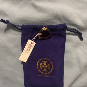 Tory Burch Gold and Emerald Ring with Purple Pouch Size 8